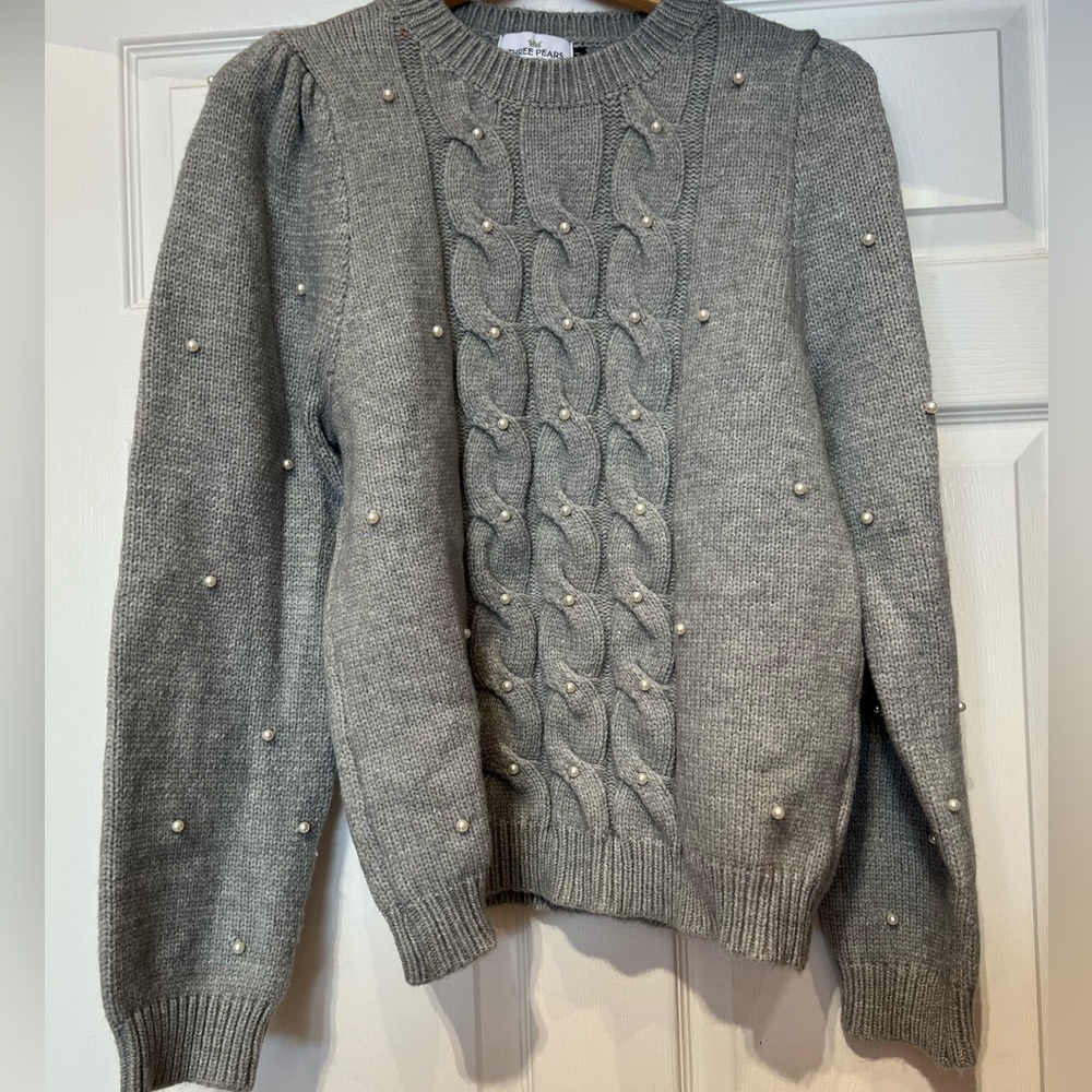 Gray Cable Knit Sweater with Pearl Accents